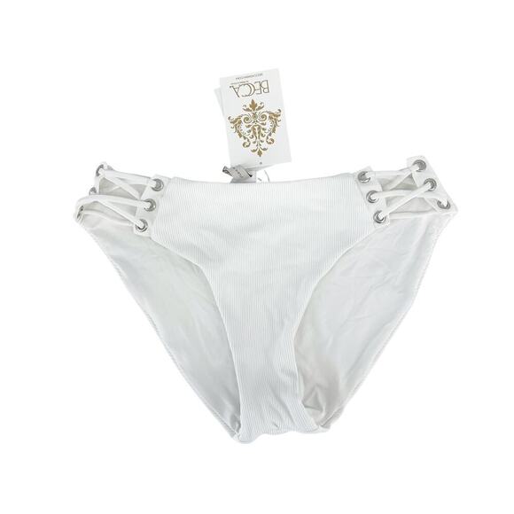 Becca Ribbed Daniella Corset Side Hipster Bikini Bottom Size Medium White NWT - Picture 4 of 7